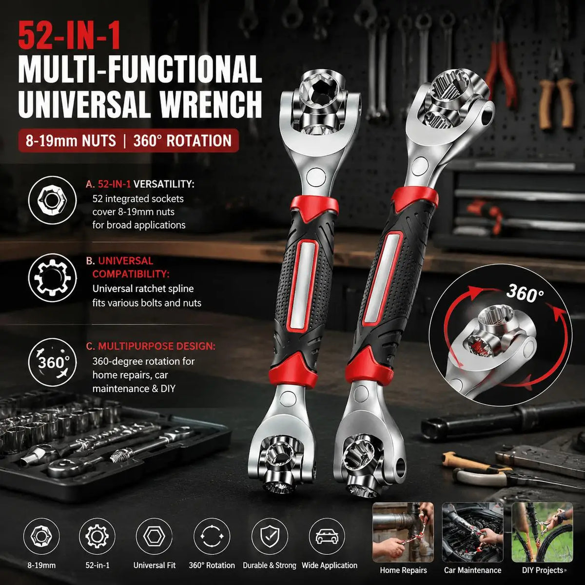52-in-1 Multi-Functional Socket Wrench Set 360 Degree Rotating Dog Bone Design Universal Spline Wrench 8-19mm Heavy Duty Professional Hand Tool for Car Auto Repair Bicycle Motorcycle Maintenance Garage Workshop