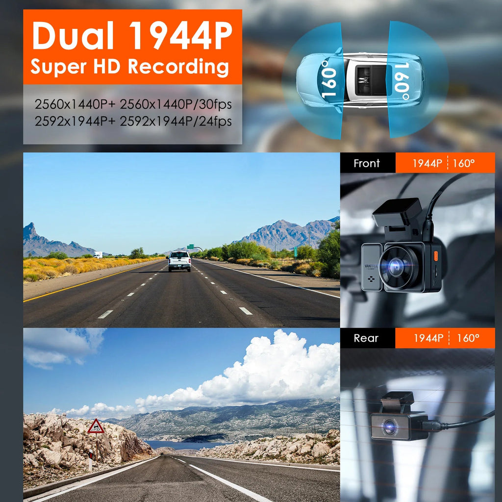 Vantrue E2 Dashcam Front and Rear 2.7K + 2.7K Dual Dash Camera Voice Control WiFi GPS Night Vision 2.0 24H Parking Mode Car Mobile World