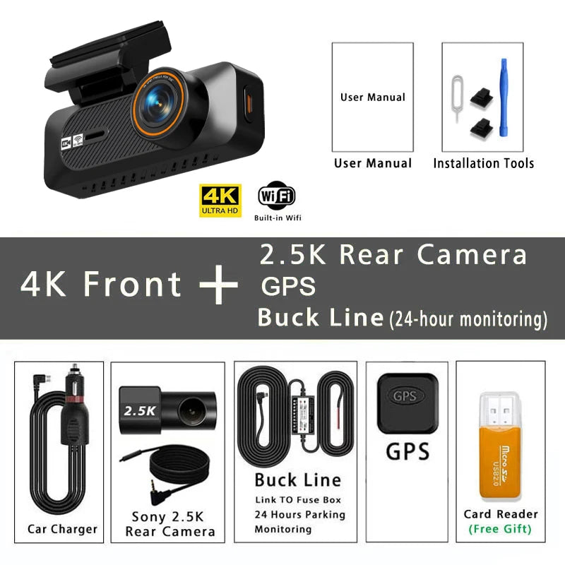 4K 2160P+2.5K 1440P ADAS Dual Lens Car Dash Cam WiFi Connect Front And Rear View Black Box 24H Parking Assistance for Vehicle