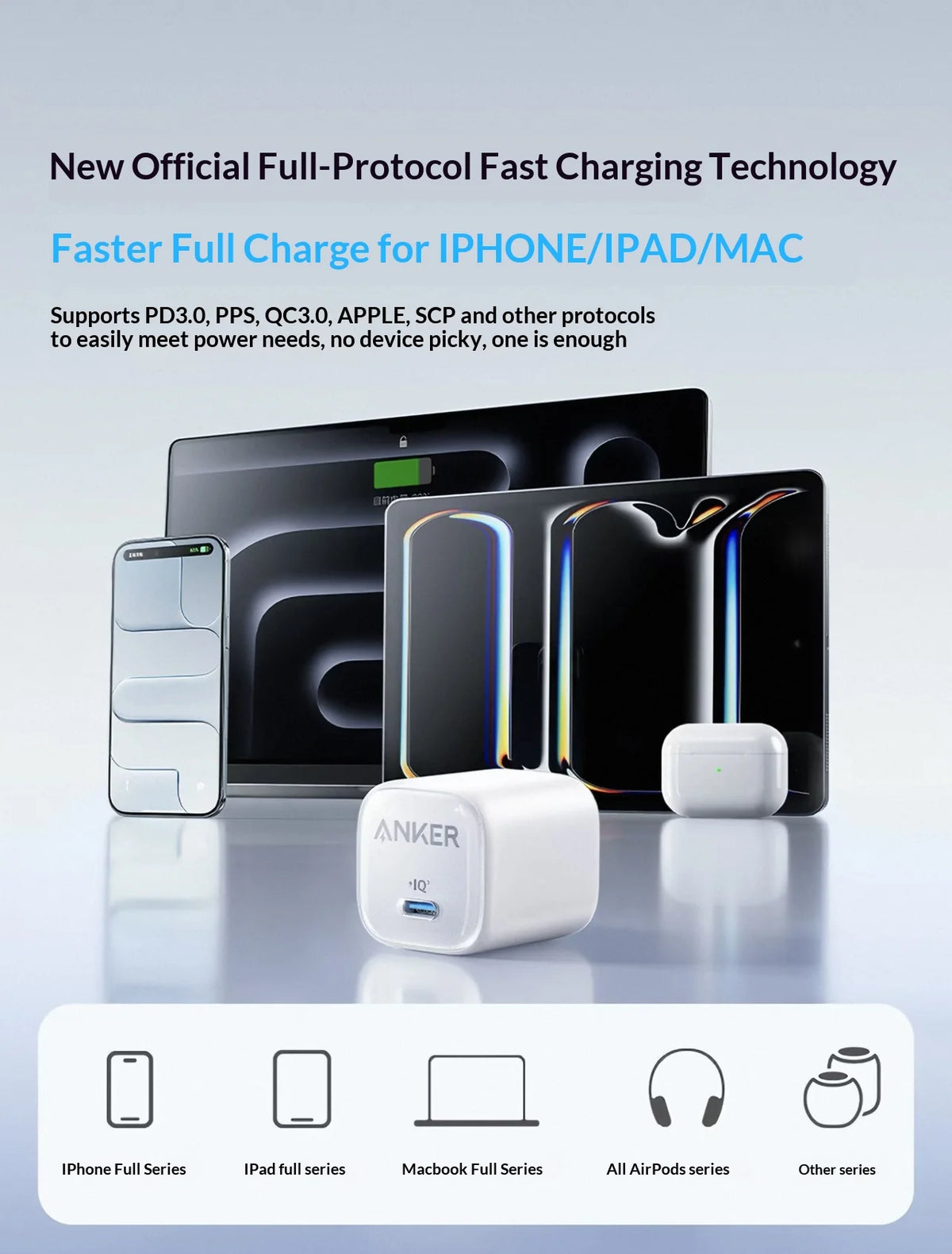 Anker Zolo 30W GaN Fast Charger Type C PD Charger With C to C Cable Portable USB C Quick Charger For iPhone iPad MacBook AirPods
