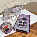 Glitter Heart Mirror Holder Stand Phone Case For iPhone 17 16 15 14 13 12 11 Pro Max Plus 17 Air  Shockproof Soft Silicone Cover