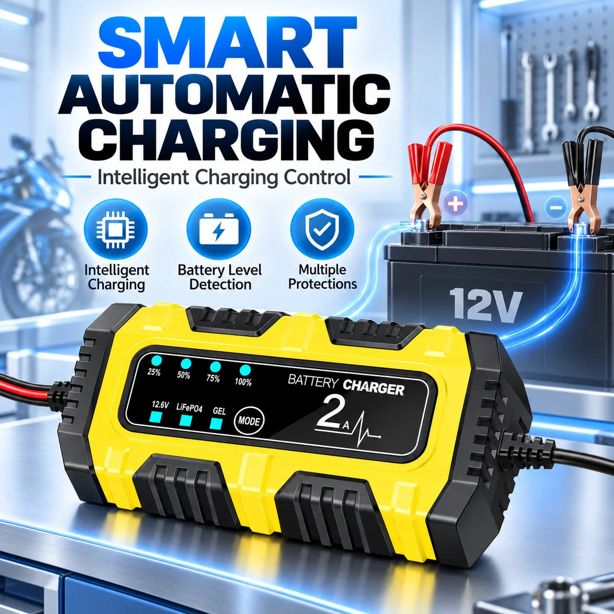 ZNLYRION Automatic 12V 2A Smart Battery Charger 3 Modes LED Power Display Portable Car Motorcycle Battery Charging Device