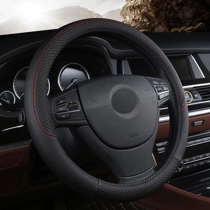 Leather Car Steering-wheel Cover 37CM-38CM Car-styling Interior Accessories Sport Auto Steering Wheel Covers Anti-Slip Universal CM World