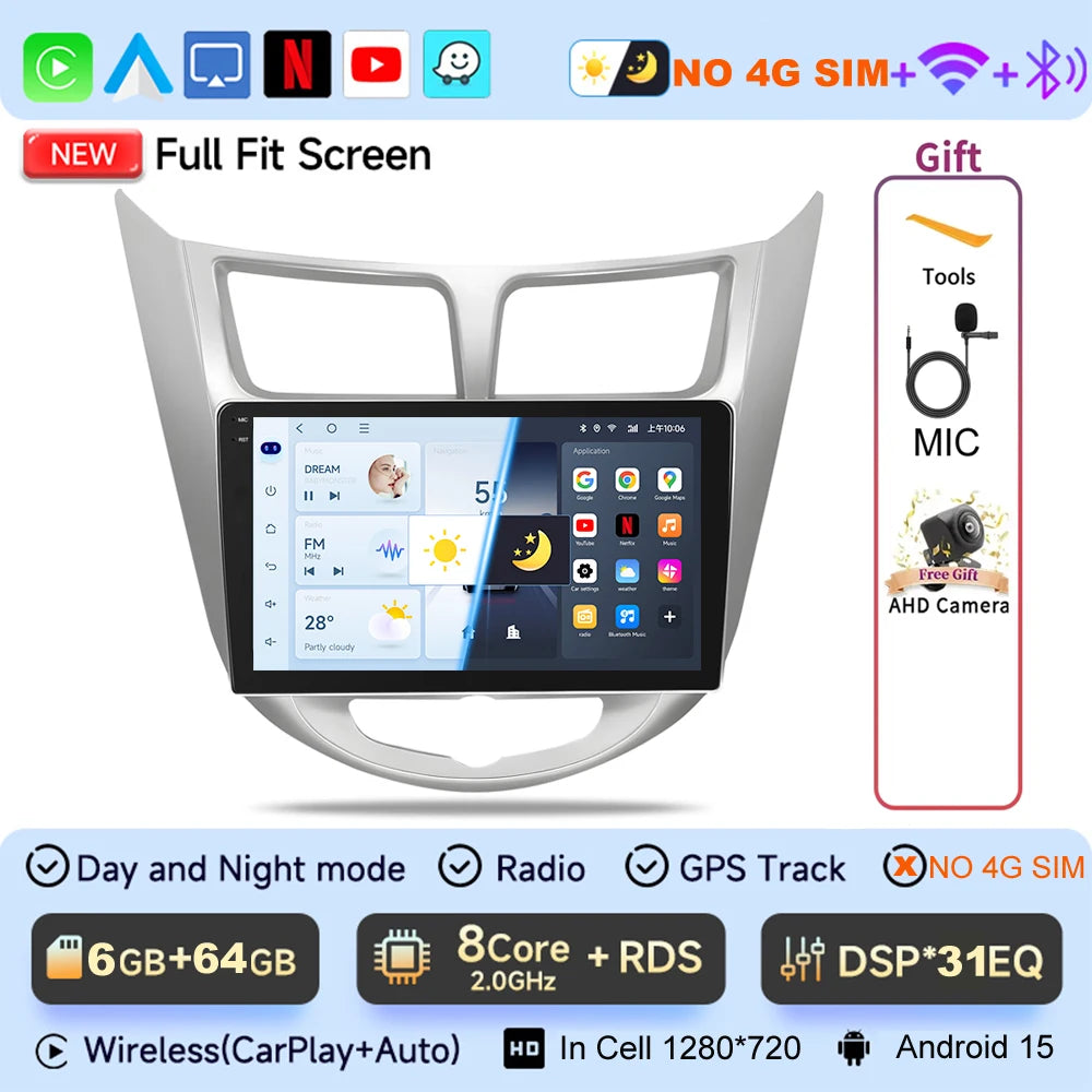 JIUYIN 9“ Android 15 Car Radio For Hyundai Accent Verna Solaris 2010-2016 Multimedia Video Player Carplay 4G WIFI GPS Head Unit CM World
