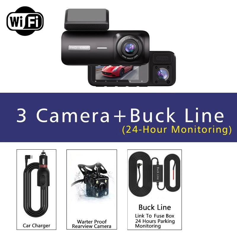 3 Channel WiFi Car DVR Three Way Dash Cam Inside Vehicle Camera DVRs Recorder FHD 1080P Video Mini Registrator Dashcam Camcord