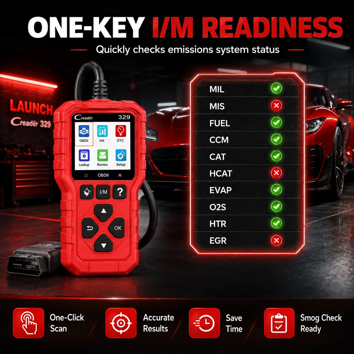 LAUNCH Creader 329 OBD2 Fault Scanner Auto Diagnostic Tool Check Engine Light Code Reader with Battery Test Live Data O2 Sensor EVAP for 1996+ OBDII Cars