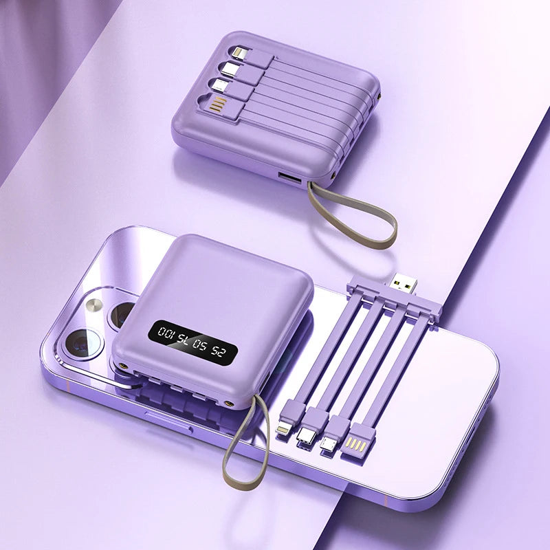 Mini Power Bank 20000mAh With 4 Cable Mobile Phone External Battery Charger for iPhone Samsung Huawei Xiaomi Portable Powerbank