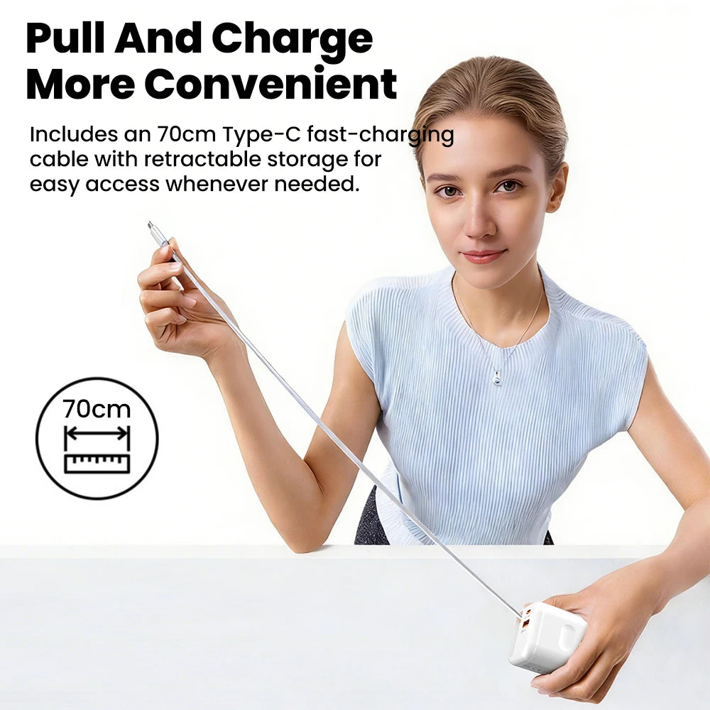 65W Fast Charger With Retractable USB C Cable 2 Ports USB Type C Charger PD Quick Charge 3.0 Phone Chargers For iphone Android Car Mobile World