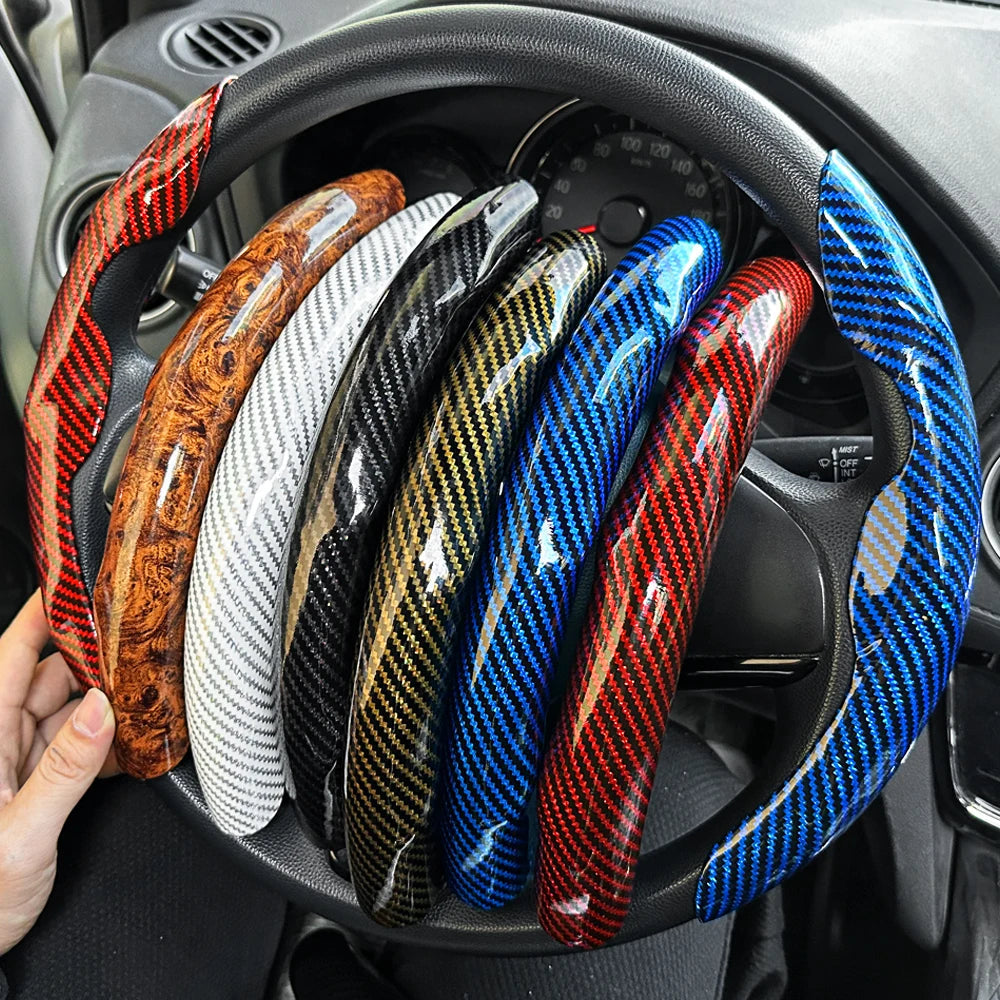 Car Steering Wheel Cover Set, Glossy Carbon Fiber Texture, 2-Piece Breathable and Anti-Slip Grip, Universal Fit Interior Upgrade CM World