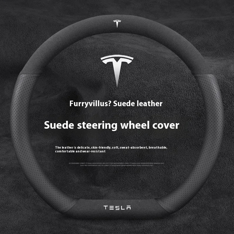 For Tesla Model 3 Model Y Model S Model X Roadster Suede Anti-slip Breathable Leather Car Steering Wheel Cover Auto Accessories CM World
