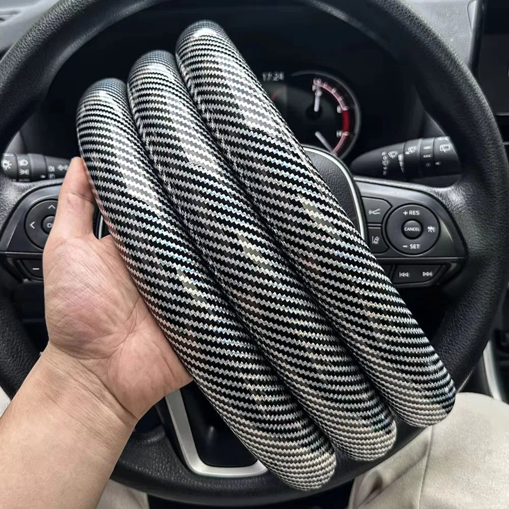 3PCS Laser Carbon Fiber Silicone Car Round Steering Wheel Cover Fiber Leather Wheel Booster Auto Cover Non-Slip Universal parts CM World