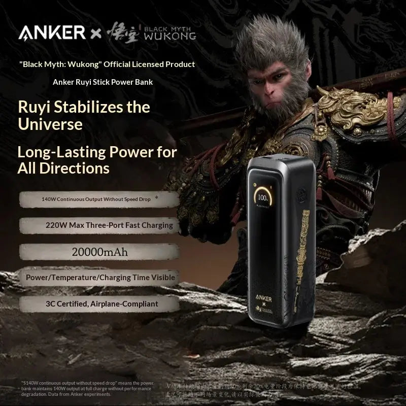 Anker Black Myth Wukong Power Bank Ruyi Rod 20000mAh 220W 140W Fast Charge 3C Certified Flight Safe For iPhone 17 Laptop MacBook Car Mobile World