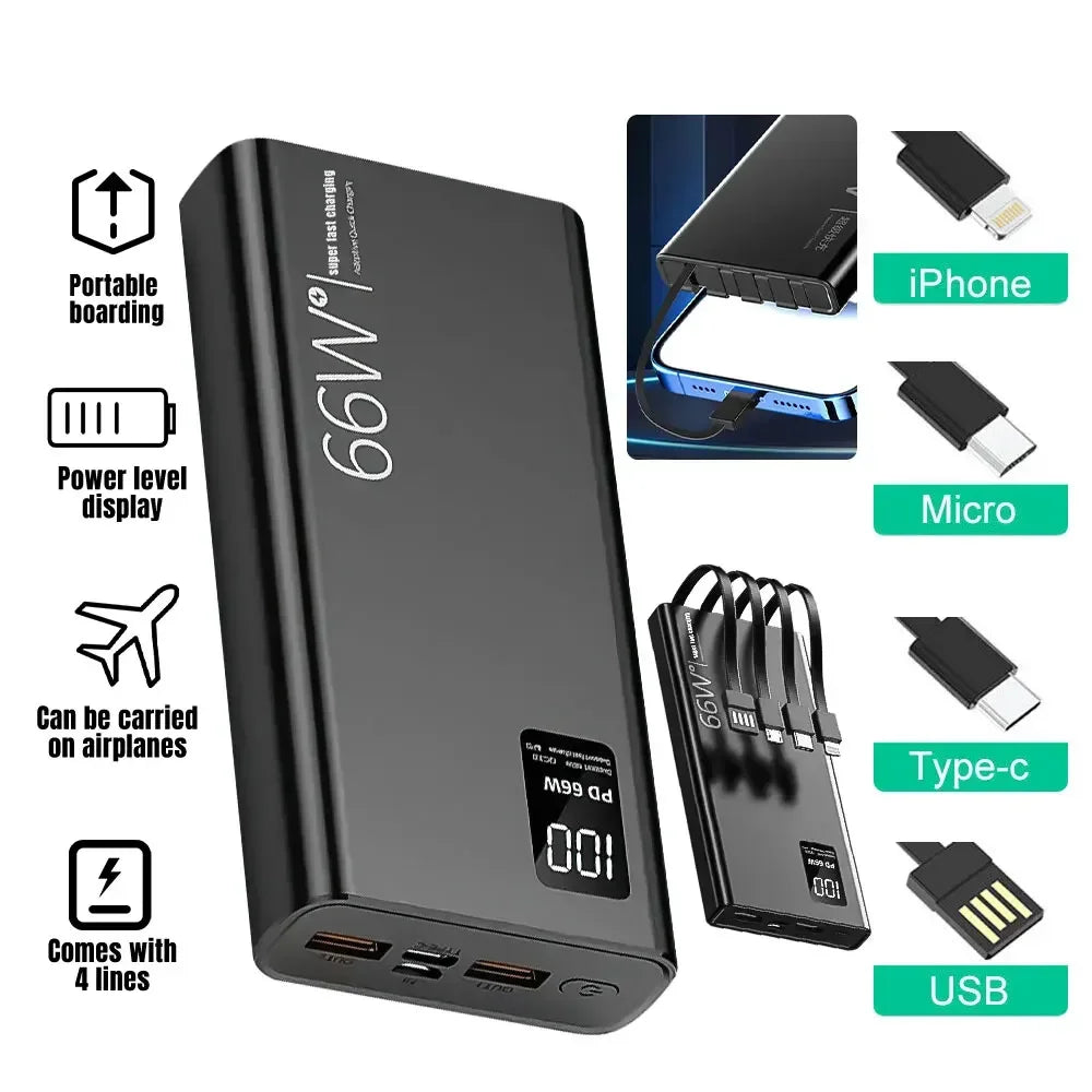 50000mAh Power Bank For Xiaomi iPhone Samsung 66W Super Fast Charging For 22.5W  Built-in 4 Cables Portable Digital Powerbank Car Mobile World