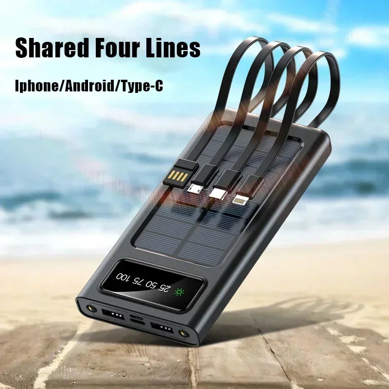 Lenovo 500000mAh Solar Power Bank Built in 4 Cables Portable External Battery with LED Light Powerbank For iPhone Samsung Huawei