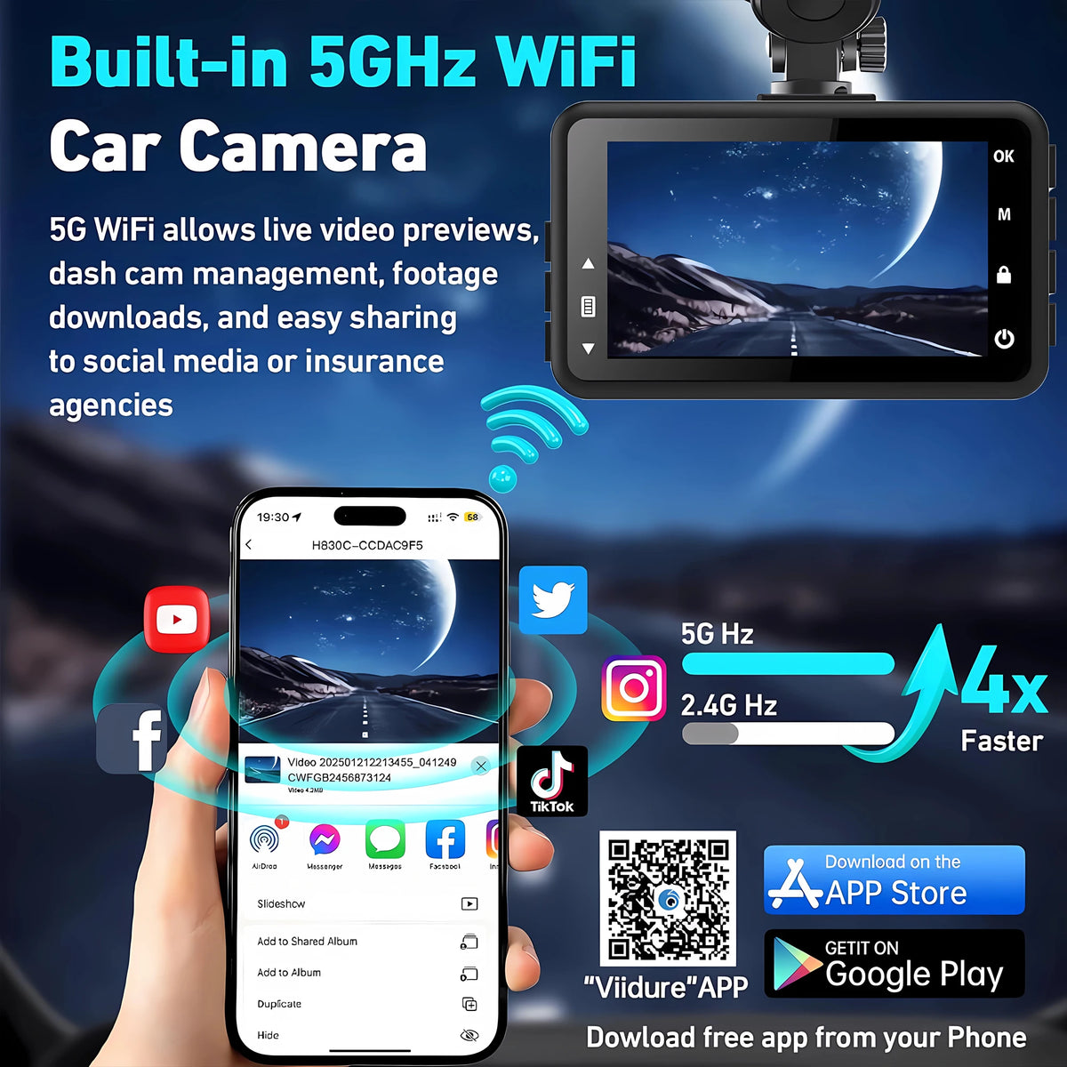4K 2160P Ultra HD Dash Cam Night Vision With Back 2.5K 1440P Rear Car Video Camera WiFi GPS Logger G-Sensor Loop Recording