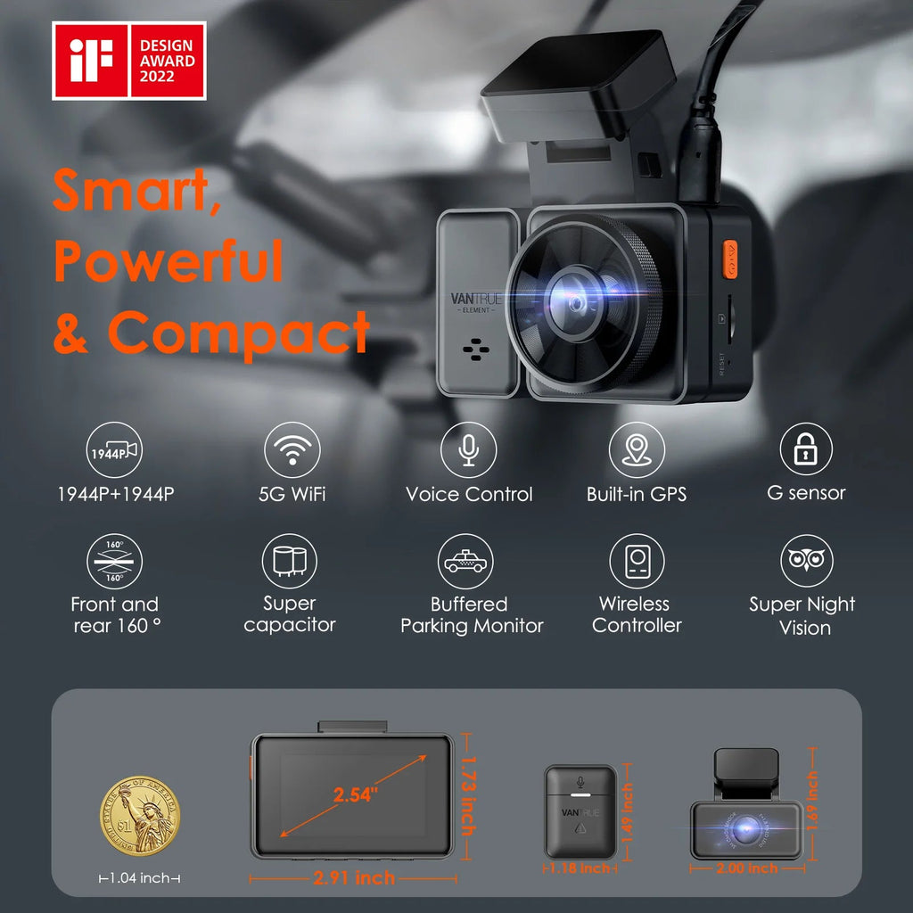 Vantrue E2 Dashcam Front and Rear 2.7K + 2.7K Dual Dash Camera Voice Control WiFi GPS Night Vision 2.0 24H Parking Mode Car Mobile World