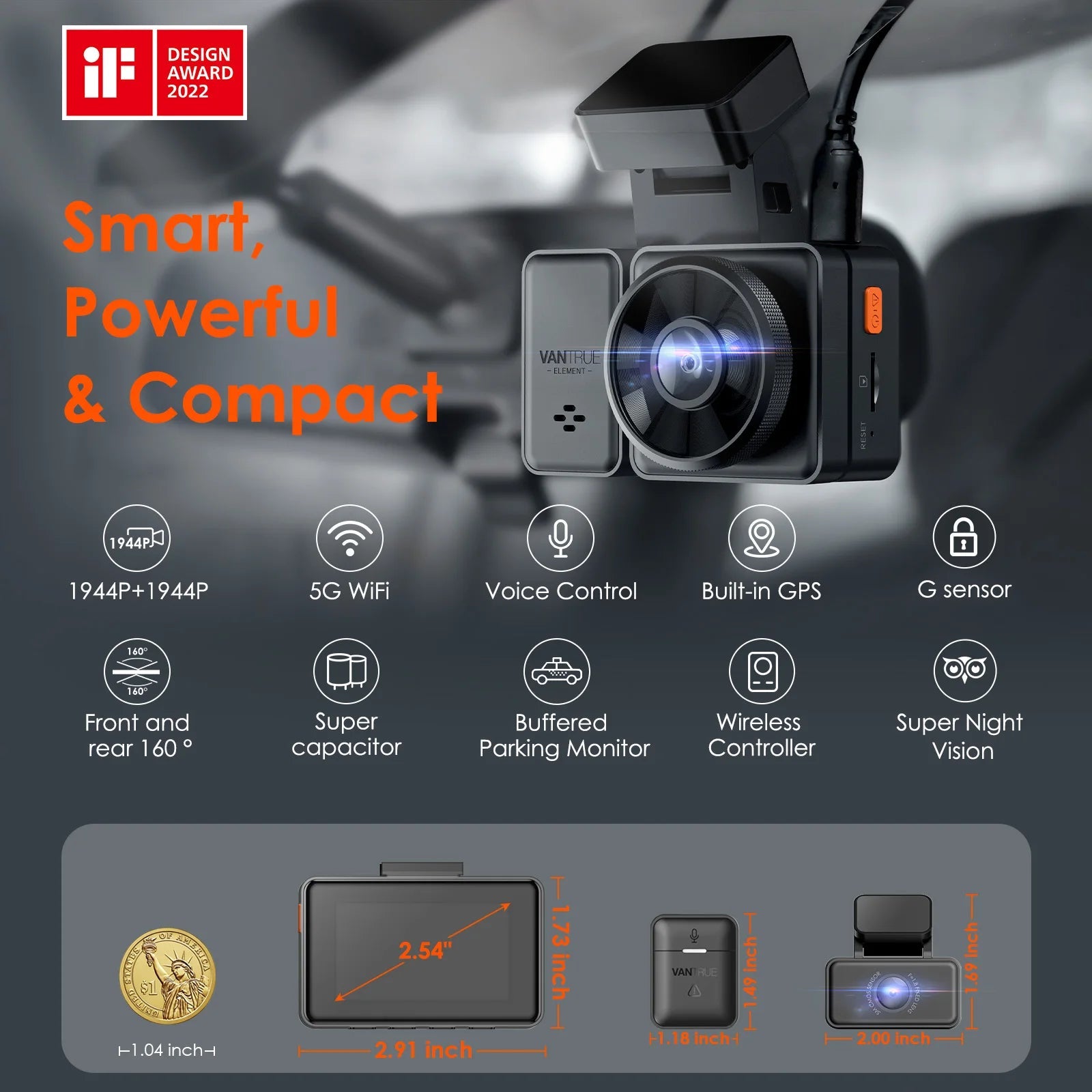 Vantrue E2 Dashcam Front and Rear 2.7K + 2.7K Dual Dash Camera Voice Control WiFi GPS Night Vision 2.0 24H Parking Mode Car Mobile World