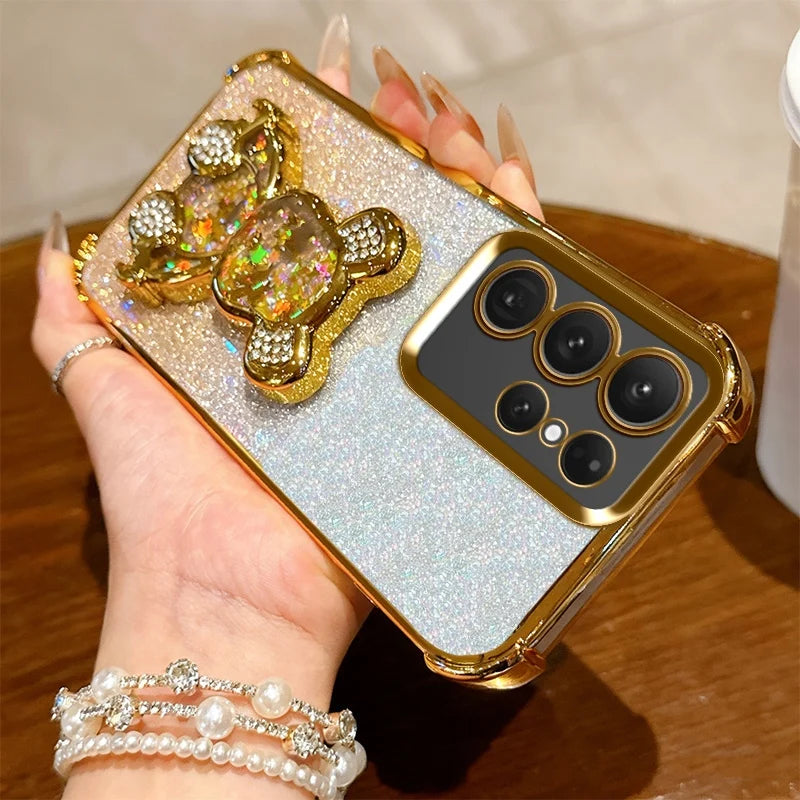 S26 Shockproof Holder Case for Samsung Galaxy S25 Ultra S22 S21 S24 FE S23 Plus Glitter Bear Bracket Stand Luxury Plating Cover