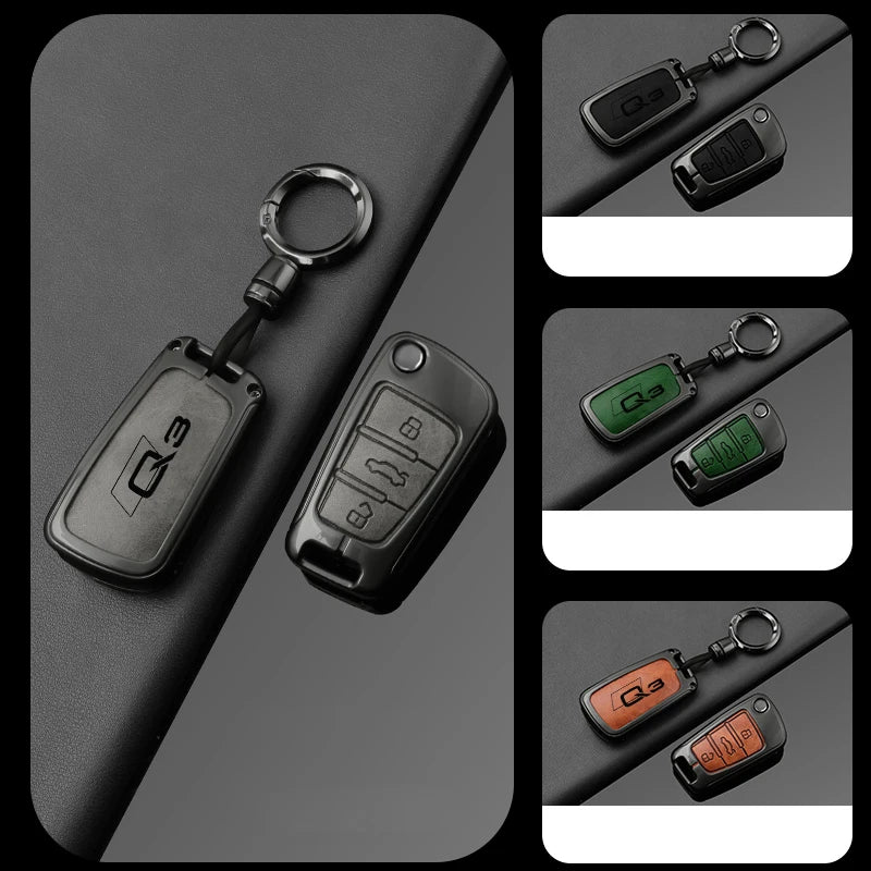 Alloy Leather Car Folding Key Case Cover Shell Holder for Audi Q3 8u f3 S Line Protection Key Cover Keychain Car Accessories