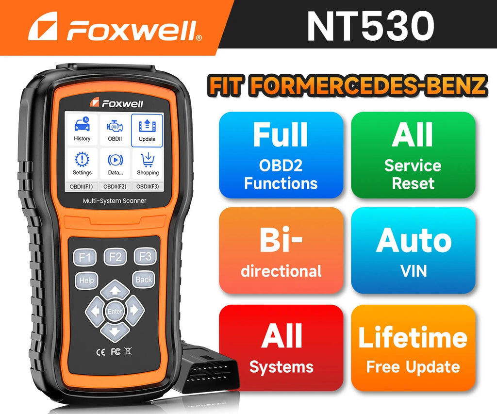 For BENZ FOXWELL NT530 OBD2 Scanner All System Scan Code Reader Active Test ECU Coding OBD OBD2 Car Diagnostic Tool Free Update Car Mobile World