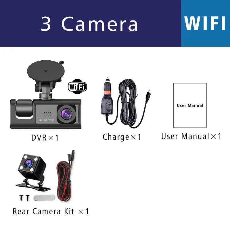WiFi 3 Channel Car DVR Three Way Dash Cam Inside Vehicle Camera DVRs Recorder FHD 1080P Video Mini Registrator Dashcam Camco