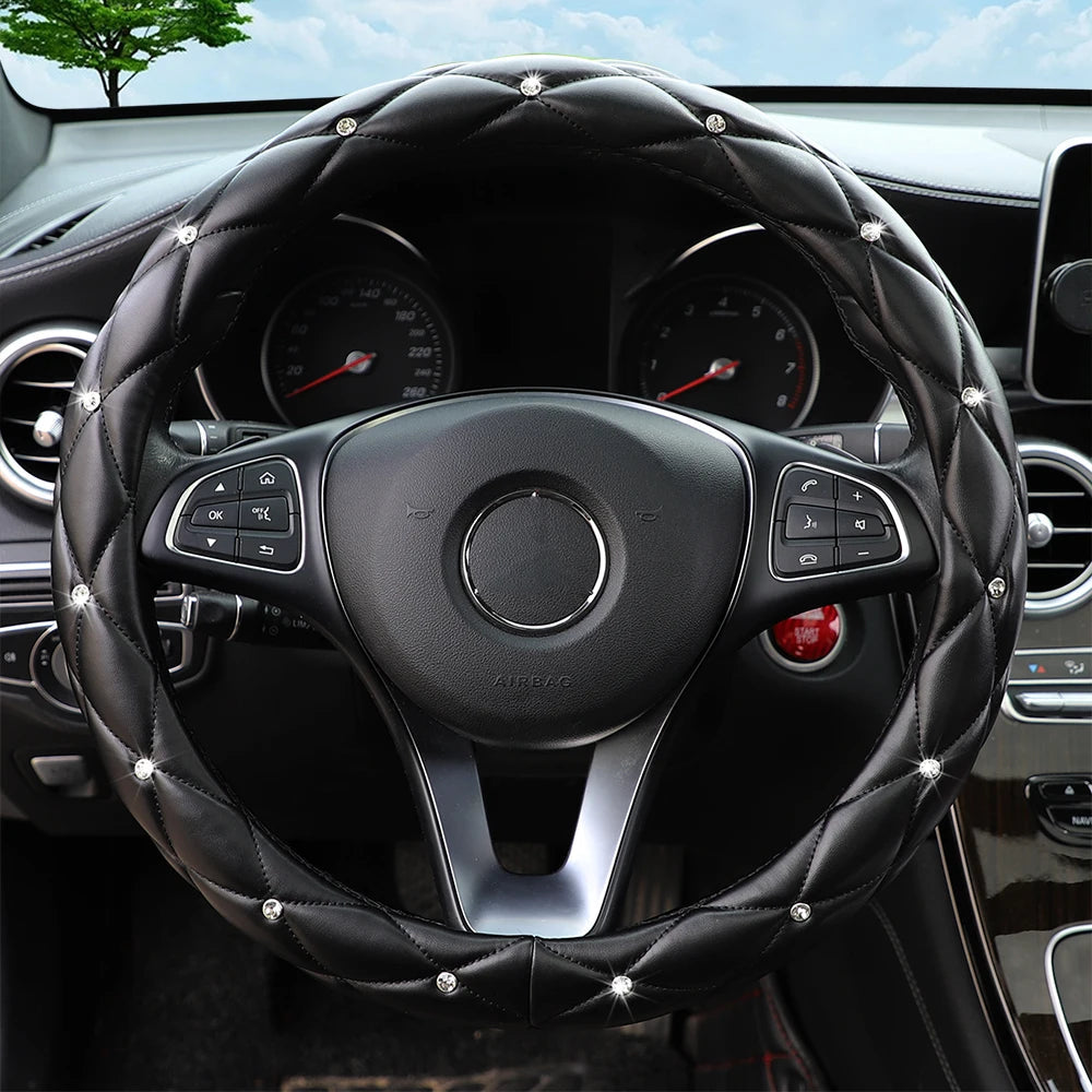 Soft leather embroidered stereo diamond-studded car steering wheel cover with inner ring fits 14.5-15 inches CM World