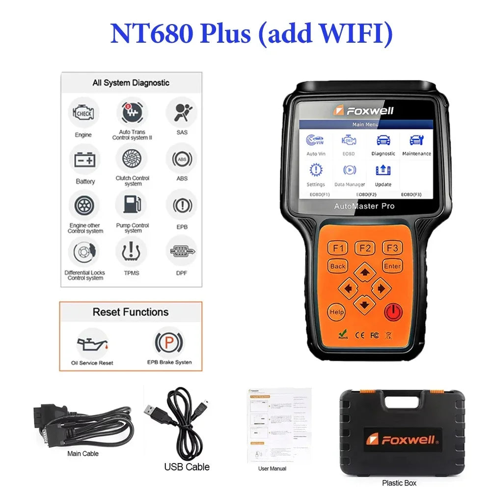 FOXWELL NT680 PLUS with WIFI All Systems Diagnostic Scanner All-System & All-make Scanner with Oil Light/Service Reset+EPB Car Mobile World