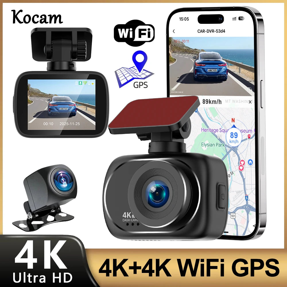 Kocam 4K Dashcam Car Dvr Dual 4K Dash Cam Support 4K Rear Camera WIFI GPS Night Vision 24H Parking Monitoring Black Box Car Mobile World