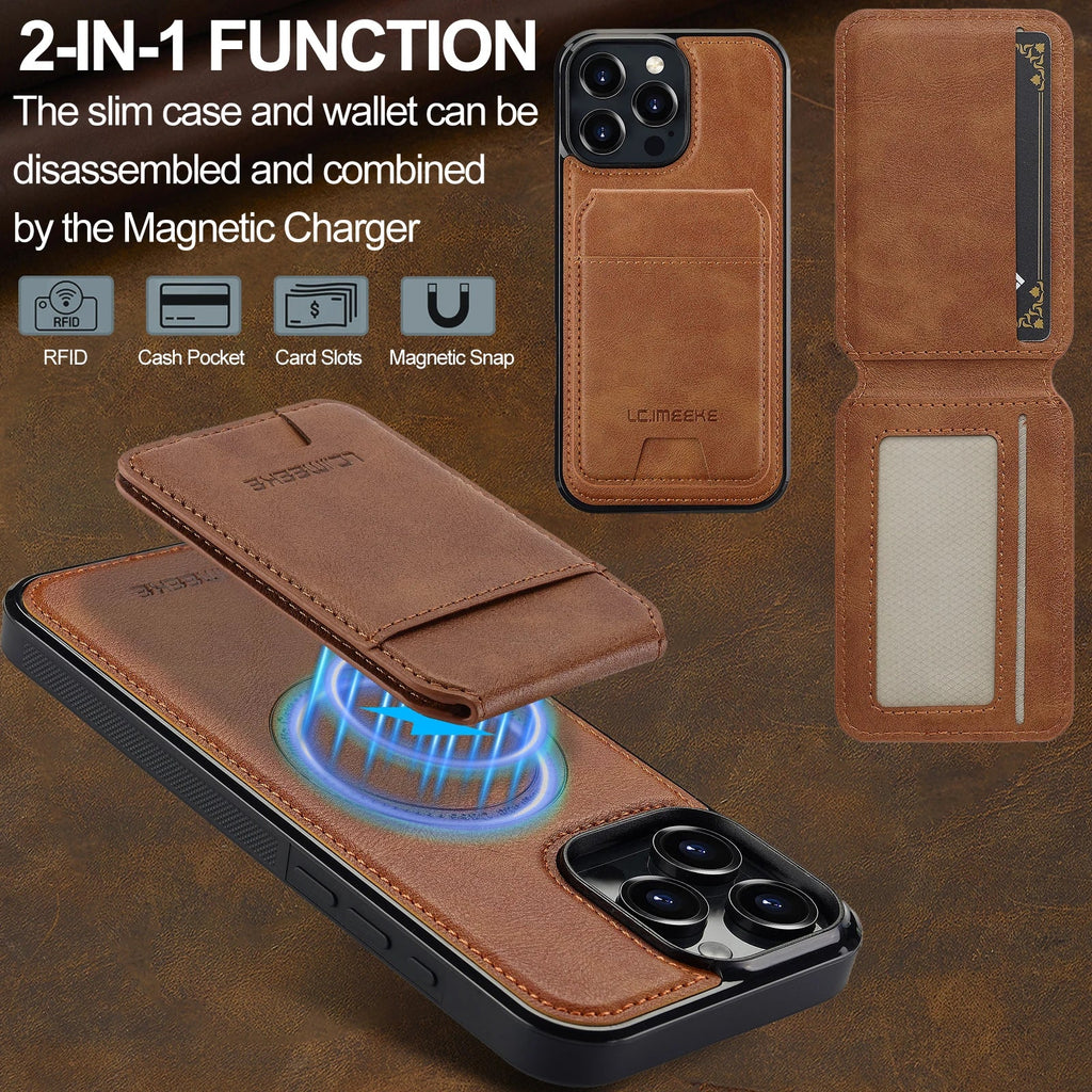 2 In 1 Detachable Leather Case For iPhone 16 17 Air 16E 15 14 13 12 11 Pro XS Max XR 8 Plus SE Mini Card Pocket Magnetic Cover