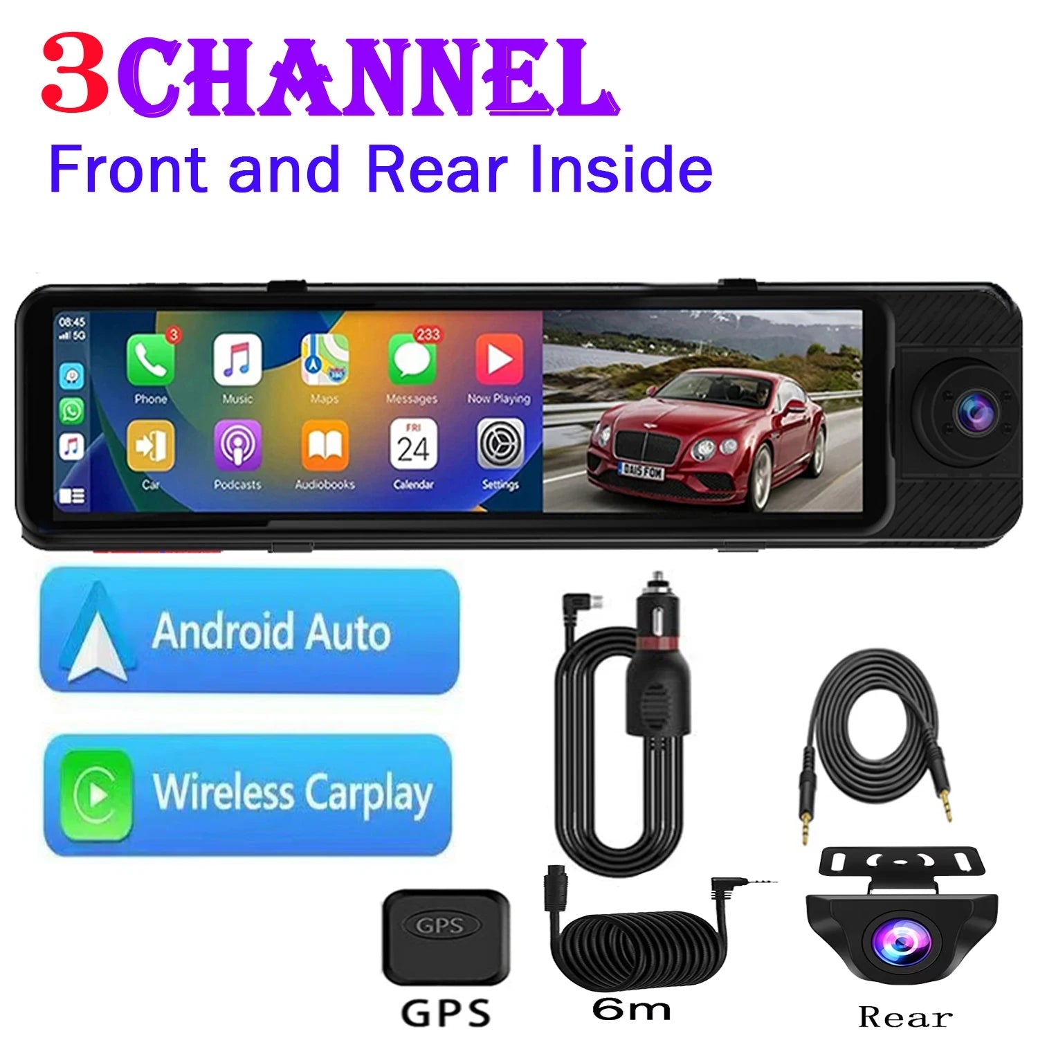 3 Camera Dash Cam 4K Car DVR Front Inside Rear 1080P GPS Tracking Night Vision Video Registrator Dashcam Parking Monitor Car Mobile World