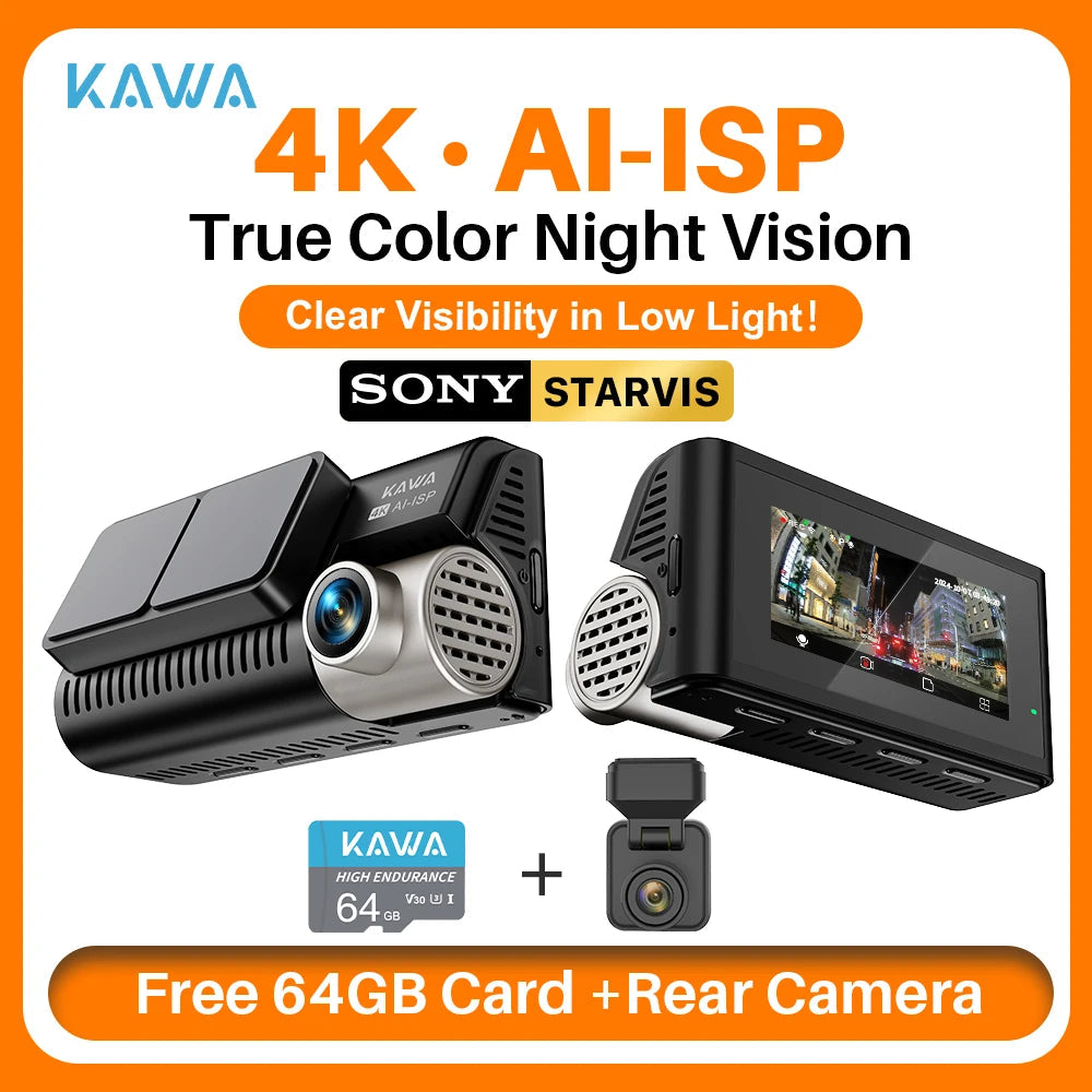 4K Dash Cam Front and Rear KAWA D11 WiFi Camera Car DVR GPS Video Recorder AI-ISP Color Night Vision Motion Detect Auto Dashcam Car Mobile World