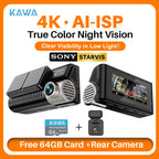 4K Dash Cam Front and Rear KAWA D11 WiFi Camera Car DVR GPS Video Recorder AI-ISP Color Night Vision Motion Detect Auto Dashcam Car Mobile World