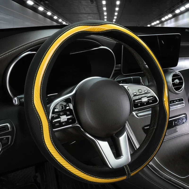 PU Leather Car Steering Wheel Cover Universal Carbon Fiber Steering Wheel Covers Car Decoration Accessories 38cm Steering Covers CM World