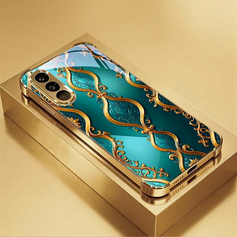 Green gold stripe Tempered Glass Fashion phone case for Samsung Galaxy S26/S25/S24/S23/S22/S21 FE Ultra Plus Dropresistant