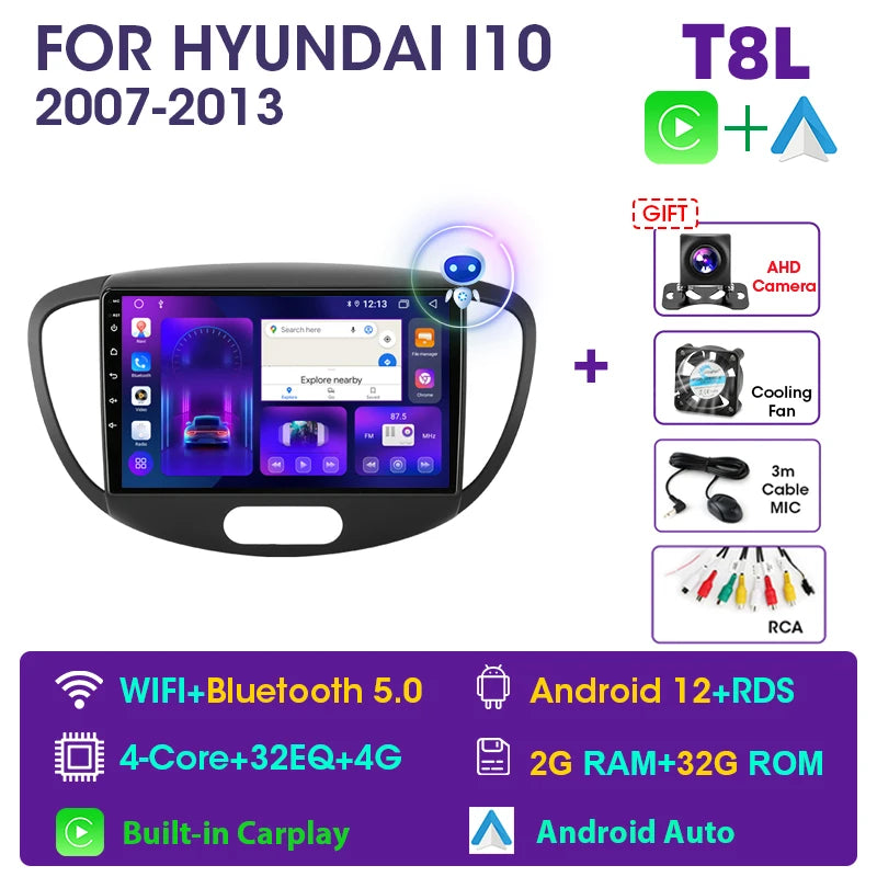 JMCQ 2 Din Car Radio For Hyundai i10 2007 2008 2009 2010-2013 Stereo Multimedia Player Android 12 4G GPS Navigation 2din Carplay CM World