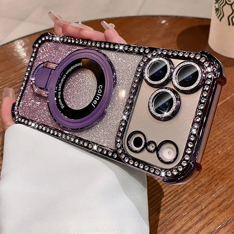 for Magsafe Bracket Case for iPhone 17 16 15 14 13 Pro Max Stand Holder Luxury Girl's Bling Diamond Bumper Camera Soft TPU Cover