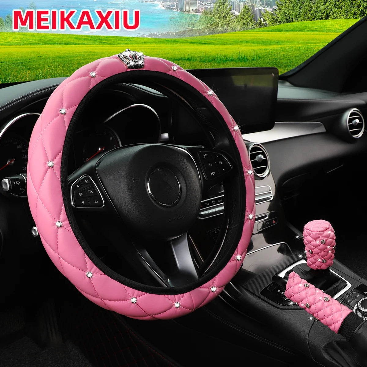 Soft leather crown diamond car without inner ring steering wheel cover, gear shift cover, handbrake cover, 3-piece set CM World