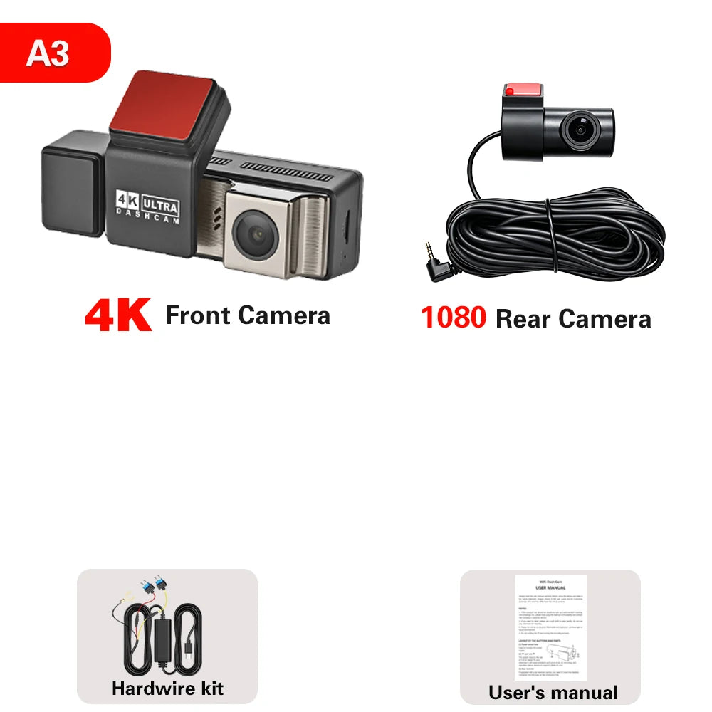 DT-NAVI  New 4K A3 Pro Cam 3 Channel Dash Cam Front 4K+Rear 1080P+Interior 1080P GPS WiFi 24H Parking Monitor Supercapacitor Car Mobile World