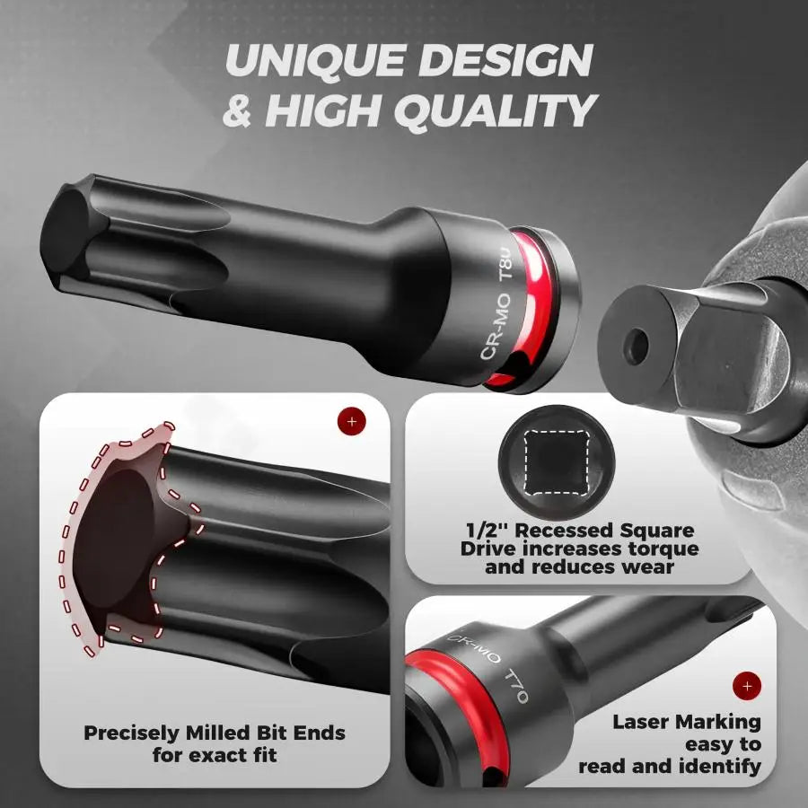 1/2" Drive Impact Torx Bit Socket Set T30 T40 T45 T50 T55 T60 T70 T80 CR-MO Steel Anti-Corrosion Heavy Duty Star Socket Wrench K