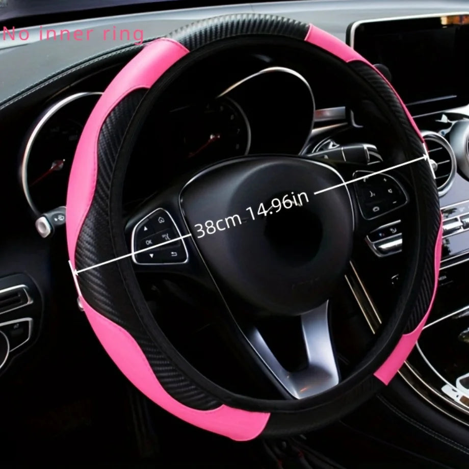 Carbon fiber pattern PU leather steering wheel cover with no inner ring design, full elasticity, anti slip and wear-resistant, m CM World