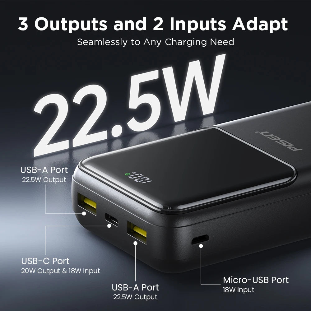 PISEN 20000mAh PD 20W Quick Power Bank SCP 22.5W Portable CCC Powerbank Fast Charging External Battery For Huawei iPhone Xiaomi Car Mobile World