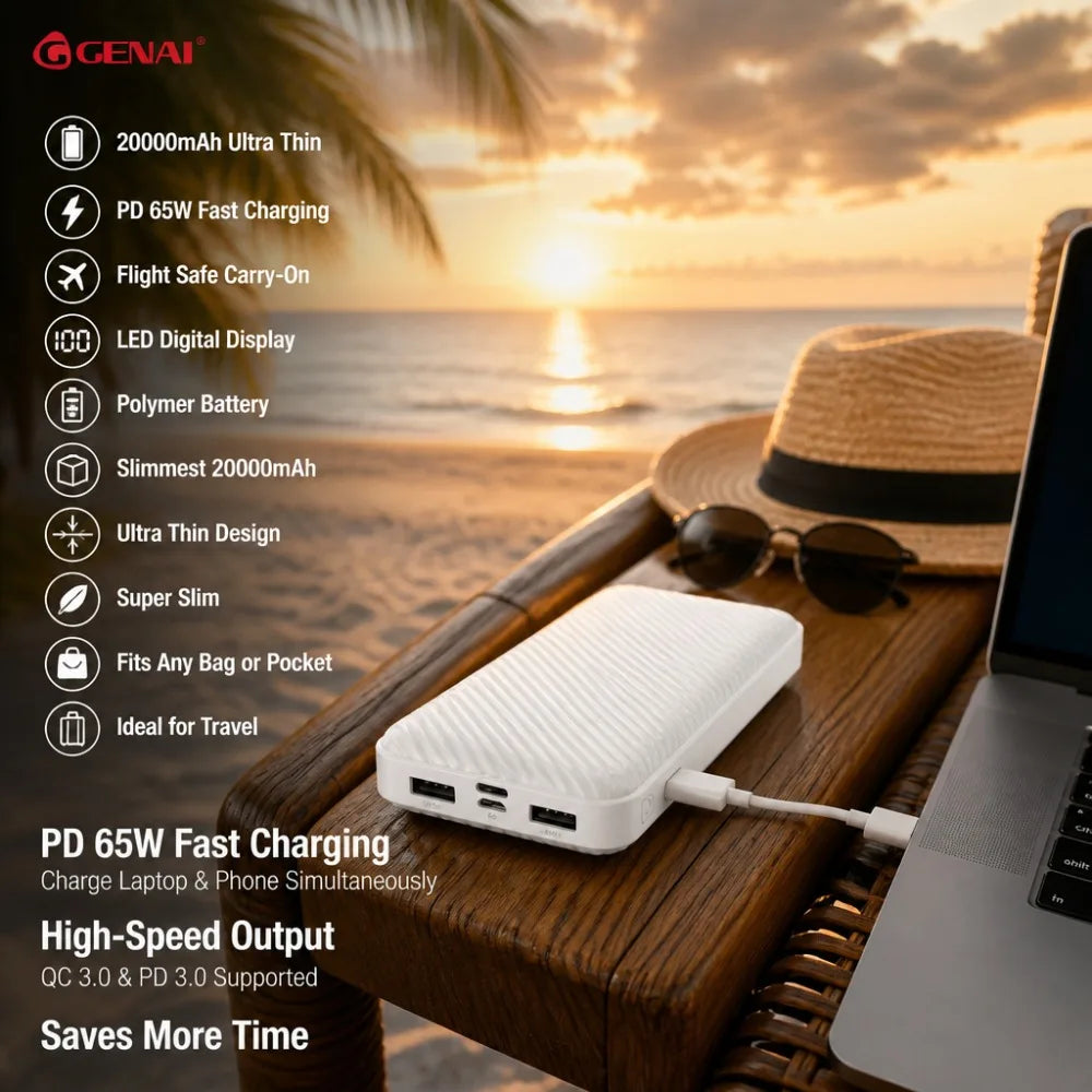 20000mAh Ultra Thin Power Bank PD 65W Fast Charging LED Display Polymer Portable Charger for iPhone/Samsung Flight Safe Carry-On