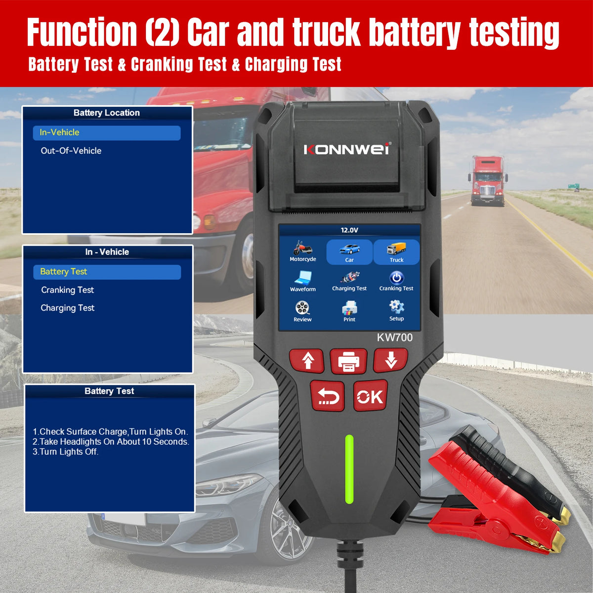 2026 KONNWEI KW700 12V 24V Car Battery Tester 10-2000CCA Battery Test SOH SOC Ripple Analysis Built-in Printer Car Battery Tool