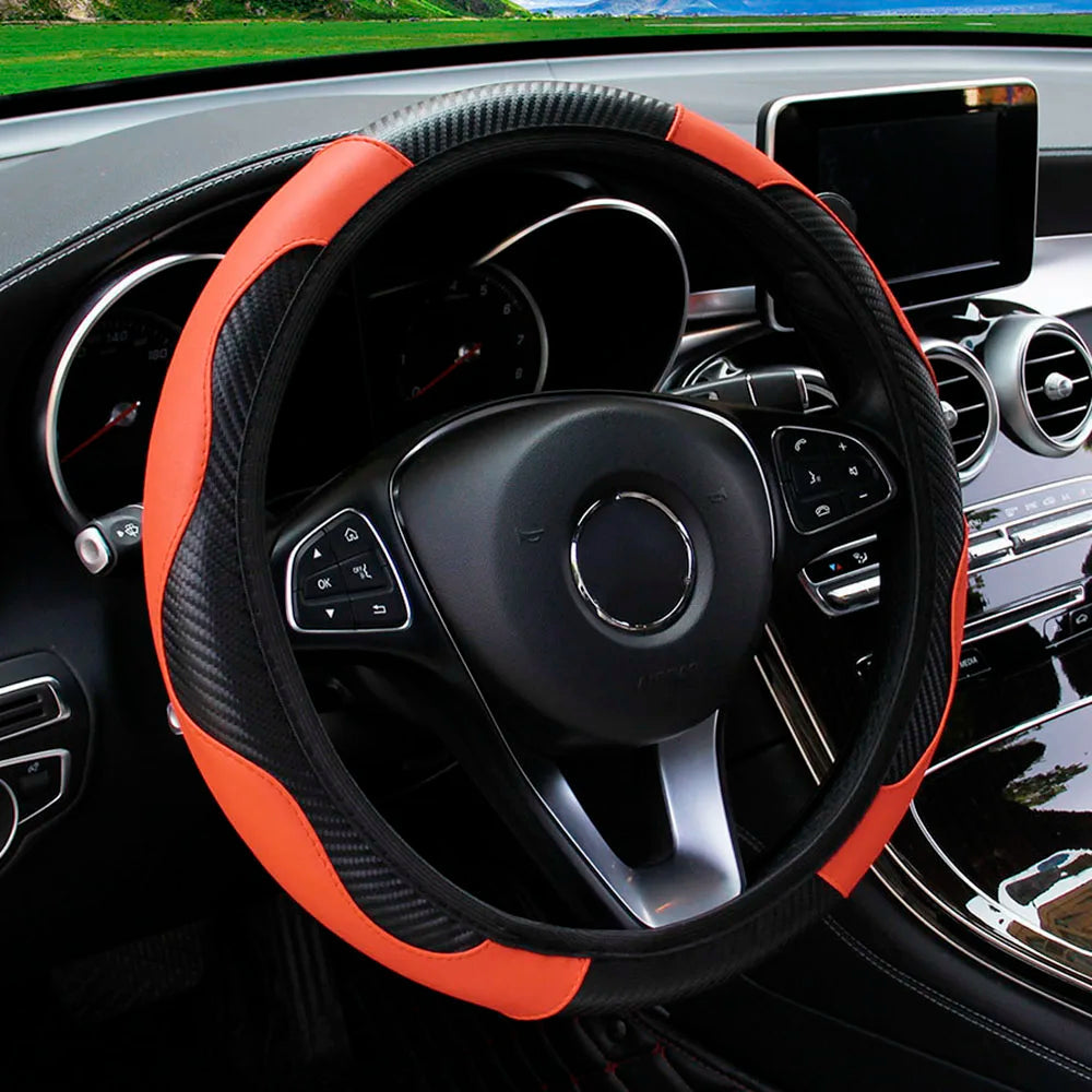 PU Carbon Fiber Leather Car Steering Wheel Cover without Inner Ring Suitable for 14.5-15 Inches of Automotive Supplies CM World