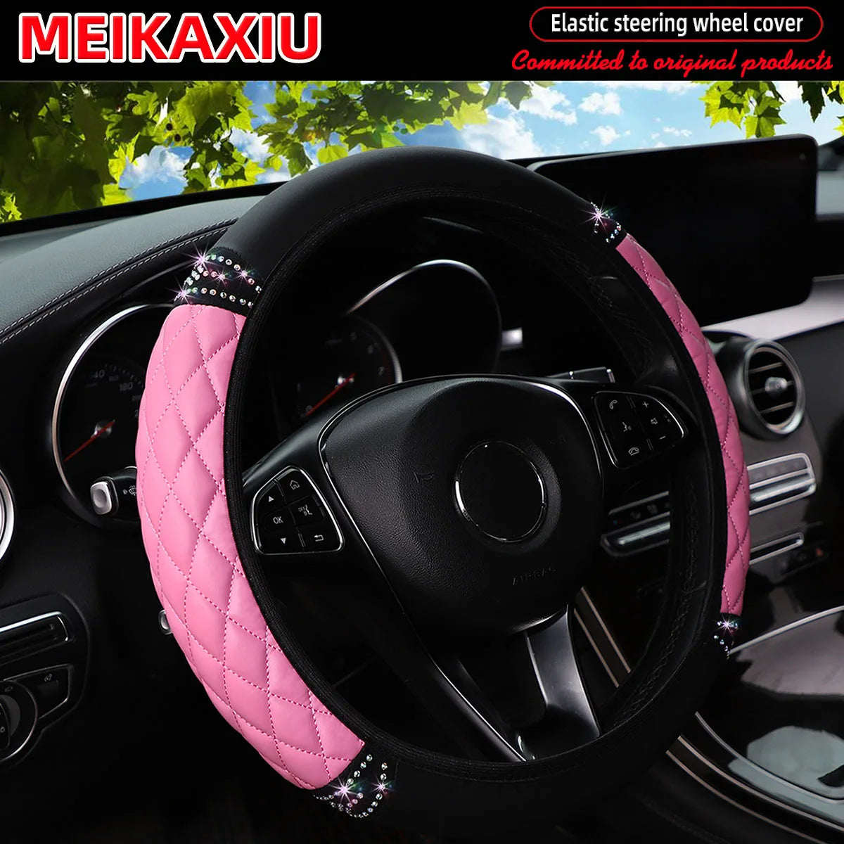 PU soft leather diamond-shaped pattern embroidered with diamonds and glittering car without inner ring steering wheel cover CM World