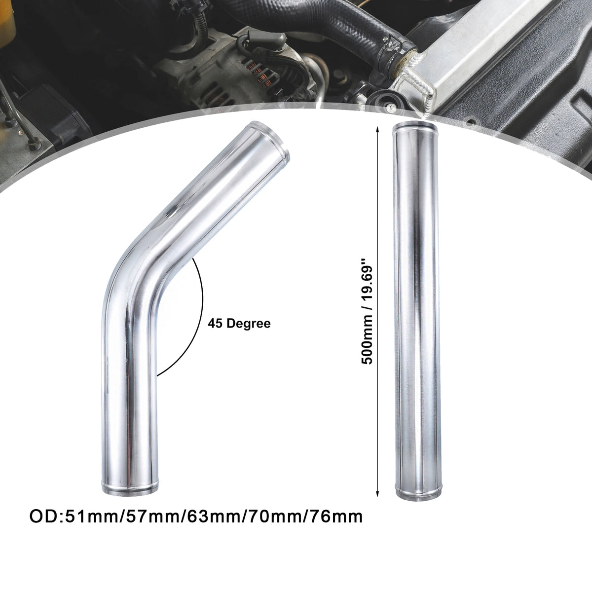 Uxcell Aluminum Alloy Tube OD 51/57/63/70/76mm Intercooler Pipe Air Intake Tube Hose 0 45 Degrees 500mm Length for Car