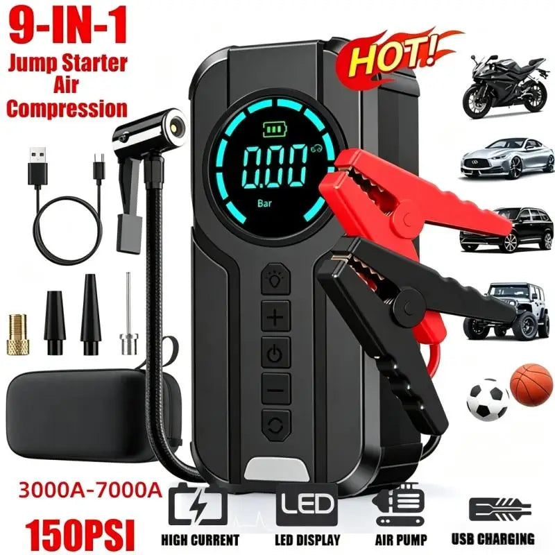 10000mAh Jump Starter Power Bank 3000-7000A with Air Compressor And Lighting Features for Car Battery Starter And Tyre Inflating