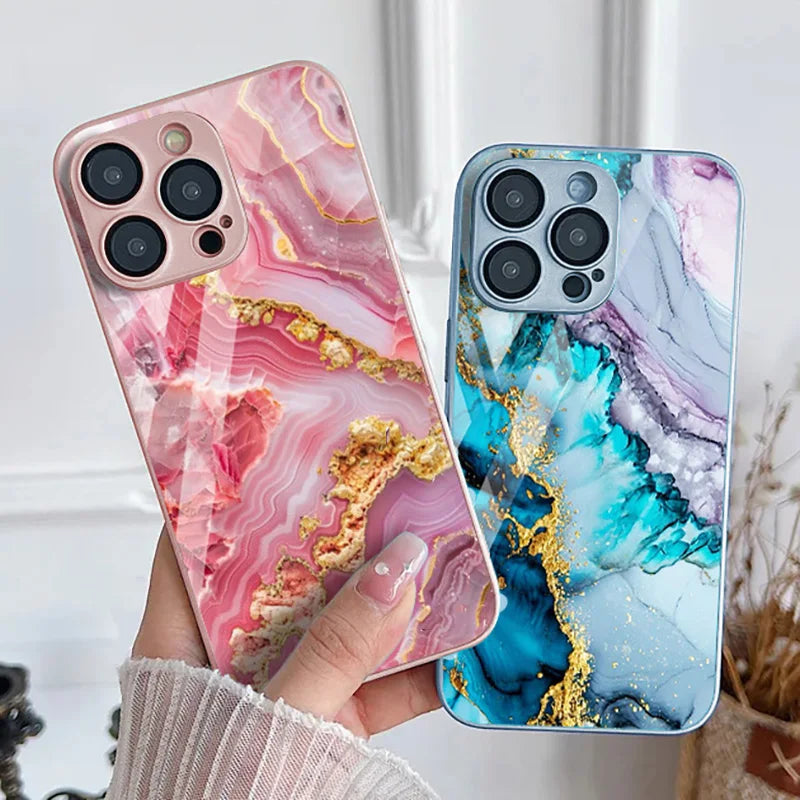 Marble Stone Tempered Glass Case For iPhone 11 Funda iPhone 16 17 16E 13 14 15 Pro Max 12 7 8 Plus SE 16promax 13promax Cover