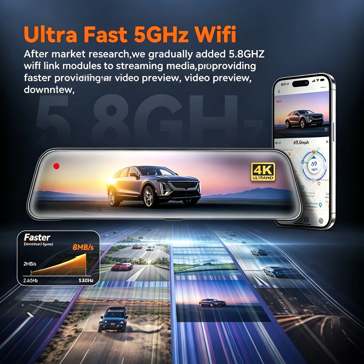 10-Inch Touch Screen IMX678 4K+2.5K Mirror Dash Cam Rear View Mirror Camera, Parking Assist, Loop Recording, Night Vision, 5.8GHz.WiFi, ADAS, LCA, BSD Functions, External GPS, 64G Card - Suitable for Most Vehicle Models
