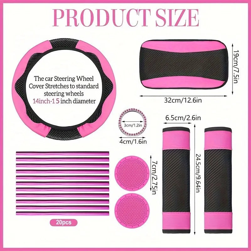 Women's Car Interior 37-Piece Set - Polyester Seat Covers, PU Steering Wheel Cover, Shoulder Pads, Decorative Strips  etc CM World